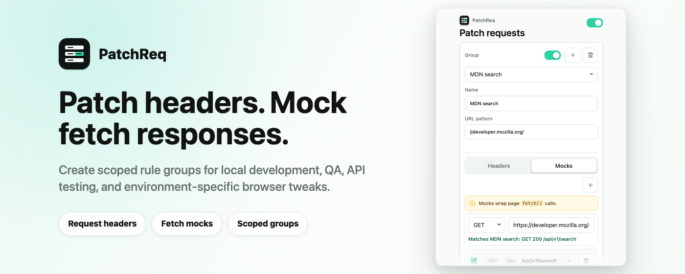PatchReq extension showing scoped header rules, mock responses, and test URL debugging