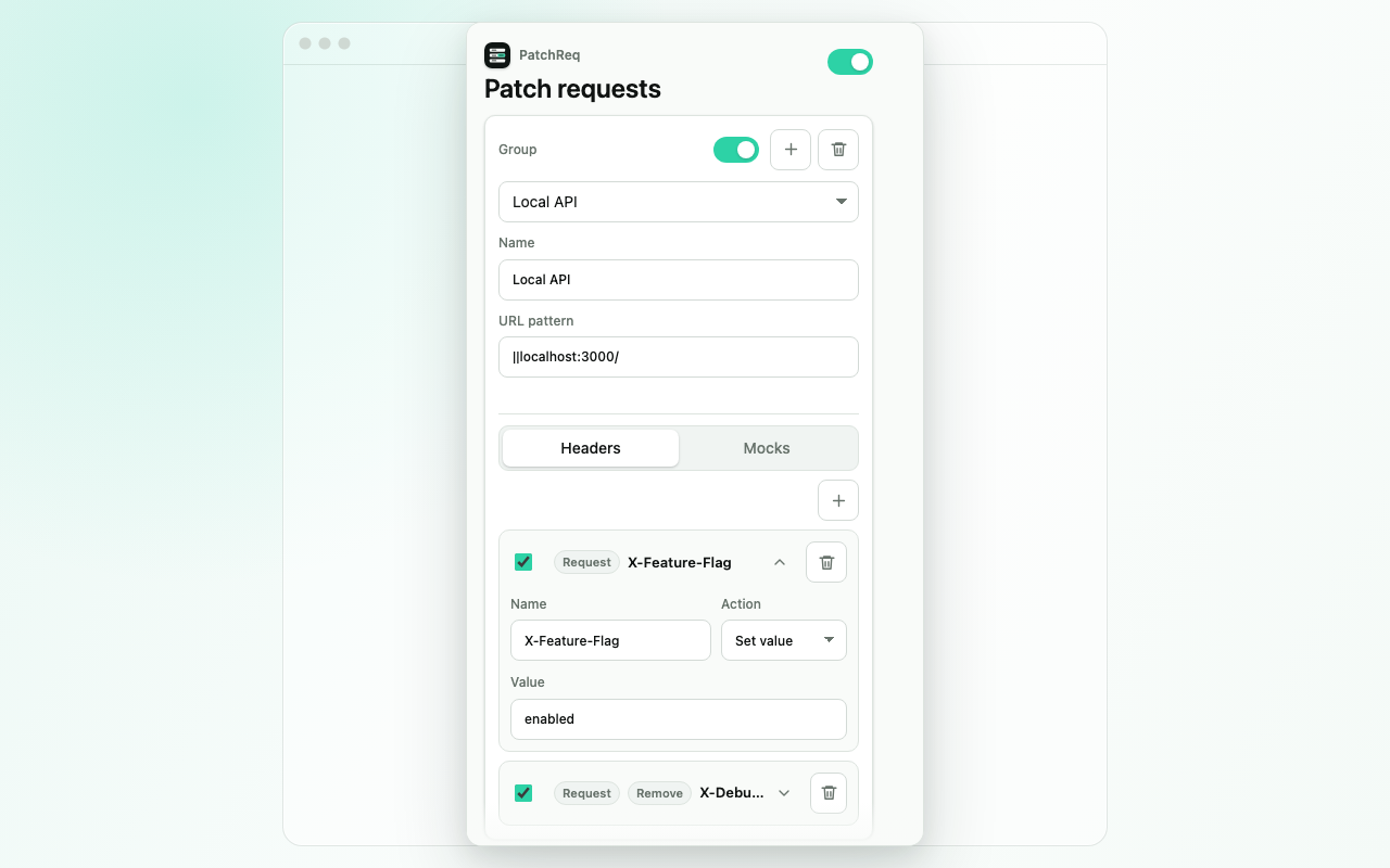 PatchReq header rules screen with scoped groups and request header rows