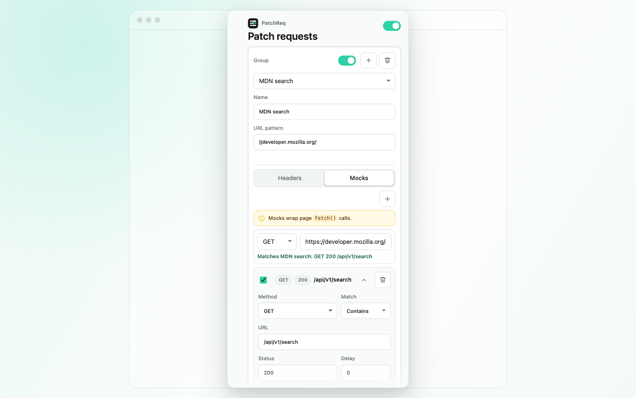 PatchReq fetch mock editor with Test URL, method, match, URL, status, and delay fields